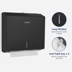 AIKE Multifold-Papierhandtuchspender, Taschentuchspender zur Wandmontage mit Smart Lock, 200 Blatt, gefaltete Größe 10" x 3,1" oder kleiner, AK5101