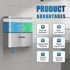 AIKE 2 Chambers Automatic Soap Dispenser Wall Mount Shower Gel Dispenser IPX7 Waterproof , AK1902